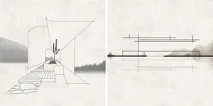 Sketch of a wooden outdoor platform along a waterfront with steps leading to the water and a structure in the background.