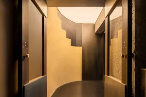 Modern hallway with metallic cladding, concrete, and wood