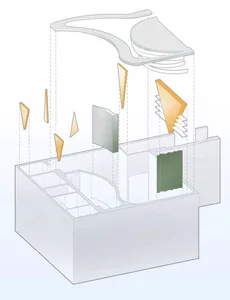 Sectional architectural drawing of an interior space with multiple layers and materials.