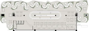 2D architectural drawing of a cafeteria with a white tiled floor, tables, and chairs arranged in a grid pattern around a cent