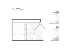 Sectional drawing of a coffee shop showing materials and functional zones.