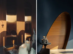 Modern architectural interior with wooden walls and a unique wooden structure