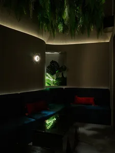 Modern cafe interior with plush seating, warm lighting, and green plants.