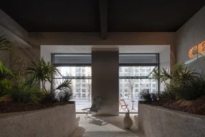 A modern lobby with concrete and glass elements, featuring a single chair and plants.
