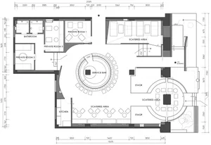 Architectural floor plan of a restaurant interior with various private rooms, scattered seating areas, and a service bar.