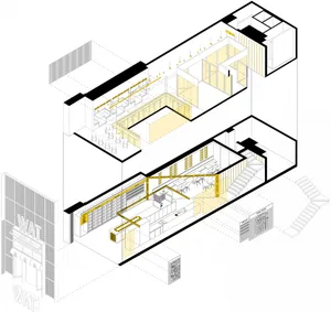 Cross-sectional view of an industrial-themed bar and restaurant interior with metallic finishes.