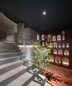 Industrial-style concrete staircase with glass railings and a plant