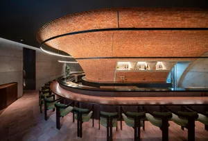 Modern bar with curved brick ceiling and wooden bar counter.