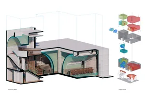 A detailed 3D architectural rendering of a modern commercial space featuring a concrete floor plan.