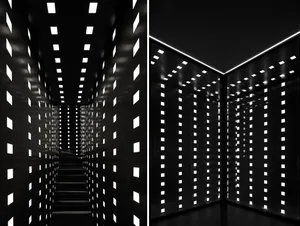 A minimalist interior design featuring glass panels with square cutouts.