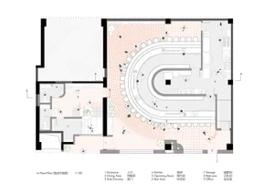 A detailed floor plan of a cafe interior design showing various functional zones, including dining, kitchen, operating room, 