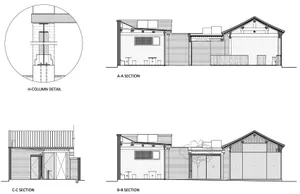 A detailed architectural plan depicting various cross-sections of a house's exterior elevation, including materials, structur