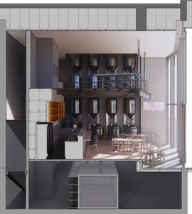 Sectional view of a modern brewery interior featuring industrial design elements such as steel tanks, concrete structures, an