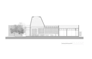 Floor plan showing the interior design of a modern shop featuring steel, glass, and brick materials.