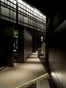 Modern minimalist interior with stone flooring and black walls.