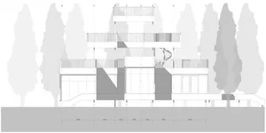 A modern house architectural rendering with concrete and wooden exteriors and multiple balconies.