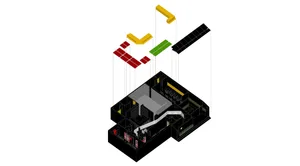 Isometric architectural drawing of a modern interior with black, white, red, yellow, green, and grey elements.