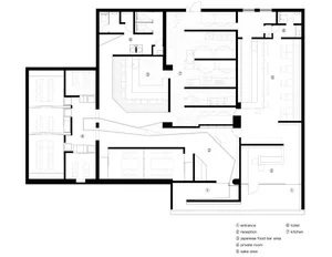 Detailed architectural floor plan of a modern office interior showcasing layout, rooms and functional spaces.