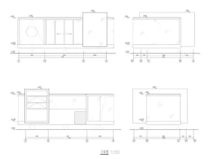 A set of modern cabinets with glass and metal materials.
