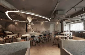 Modern cafeteria featuring industrial design elements made of concrete.