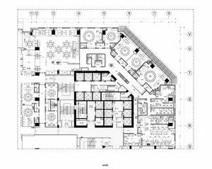 Detailed 2D architectural drawing of a modern commercial kitchen featuring steel, concrete, and tiled surfaces.