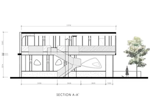 A cross-sectional architectural drawing of a modern interior with concrete walls and floors.