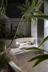A modern indoor garden lounge with plants and a curved terrazzo seating area.