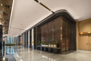 Modern lobby interior with metal and wooden features