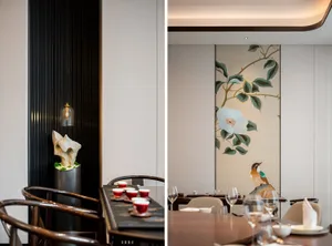 Modern restaurant interior featuring wooden tables, glass containers, and fabric furniture.