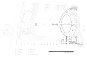 Floor plan of a modern outdoor space with concrete elements.