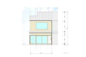 Elevation drawing of a modern residential building exterior with a large window and glass doors.
