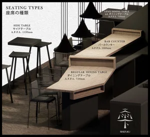 A rendering of a modern bar counter space with wooden surfaces and multiple seating arrangements.