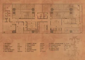 Industrial-style restaurant floor plan showing various rooms and spaces.