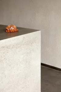 A minimalist food scene featuring a baked item on a concrete counter.