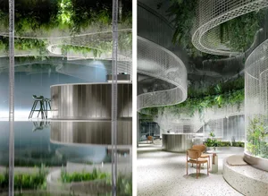 A modern industrial office lounge featuring glass and metal material.