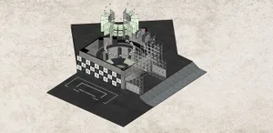 Industrial architectural rendering with concrete structure and metal scaffolding.