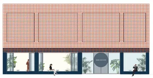Modern exterior of a coffee shop featuring a metal grid design and large glass windows.