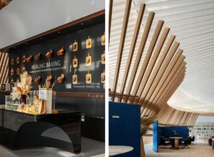 Modern interior design featuring a commercial space with prominent wood paneling.