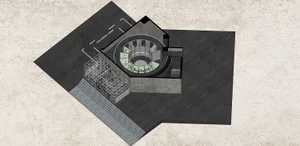 An overhead view of a modern industrial interior design space with concrete flooring and green walls.