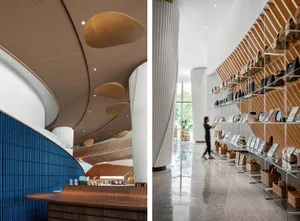 A modern retail space featuring a wooden interior design and a sleek counter.