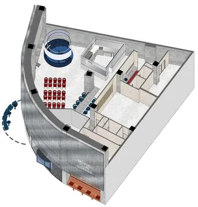 A cross-sectional architectural rendering of an office space featuring concrete, glass, and wooden paneling.