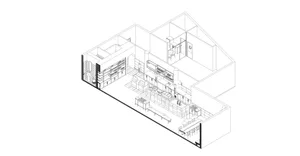 An isometric black and white architectural drawing depicting a modern food court with metal and glass materials.