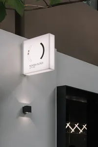 A modern lightbox signage with the word 'NOODLOLOGY' displayed in a minimalist design.