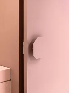 A minimalistic room with a pink wall and octagonal wall fixture.