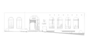 Modern retail storefront with concrete facade and large arched windows.