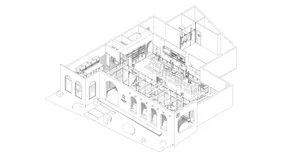 An architectural floor plan of a restaurant featuring concrete and glass materials.