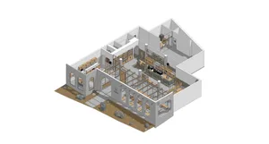 A floor plan of a modern commercial interior featuring concrete and wood materials.