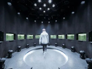 A modern, light-dark room with concrete flooring and walls, featuring a circular centerpiece and multiple lights.