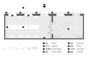 A detailed 2D architectural drawing of a restaurant interior layout, showing various seating arrangements, kitchen area, and 