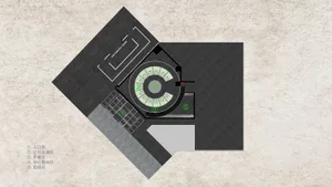 Top-down view of an industrial-style loft with concrete flooring and structural elements.
